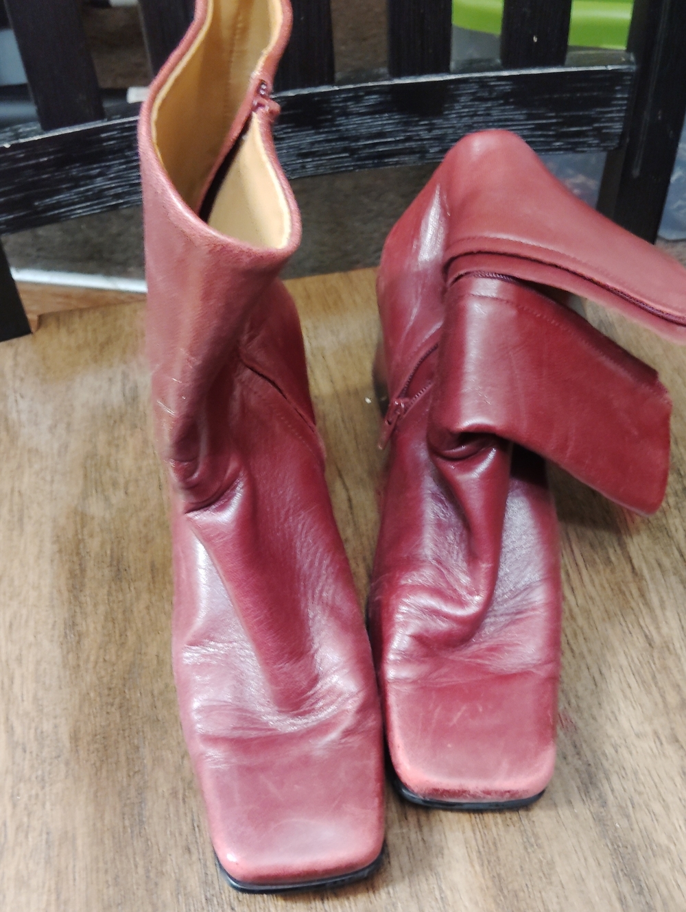 Etienne Aigner Wine Red Leather Square-Toe Ankle Boots